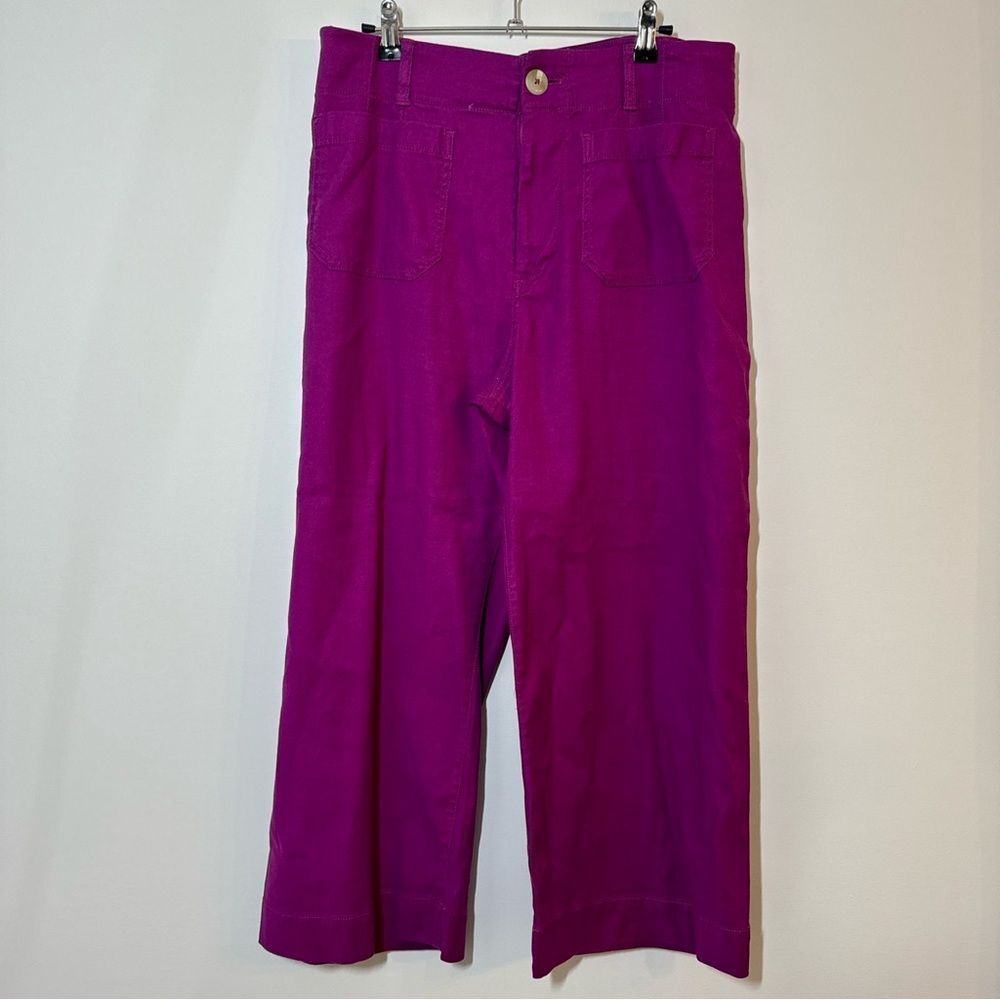 Maeve Anthropologie Purple The Colette Cropped Linen Wide Leg Pants Size 12P - Picture 3 of 13